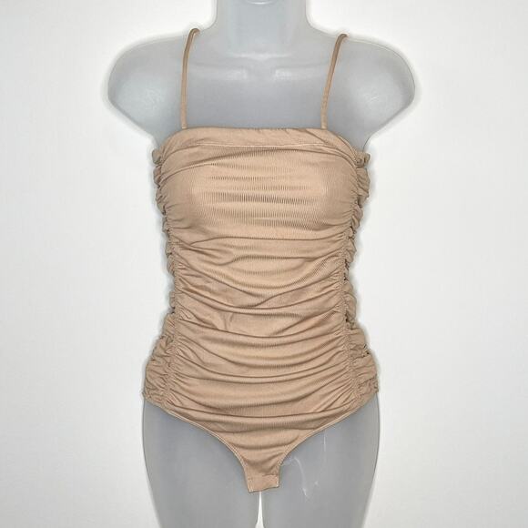 INTIMATELY FREE PEOPLE on your side tan ribbed ruched bodysuit size xs - Picture 3 of 9